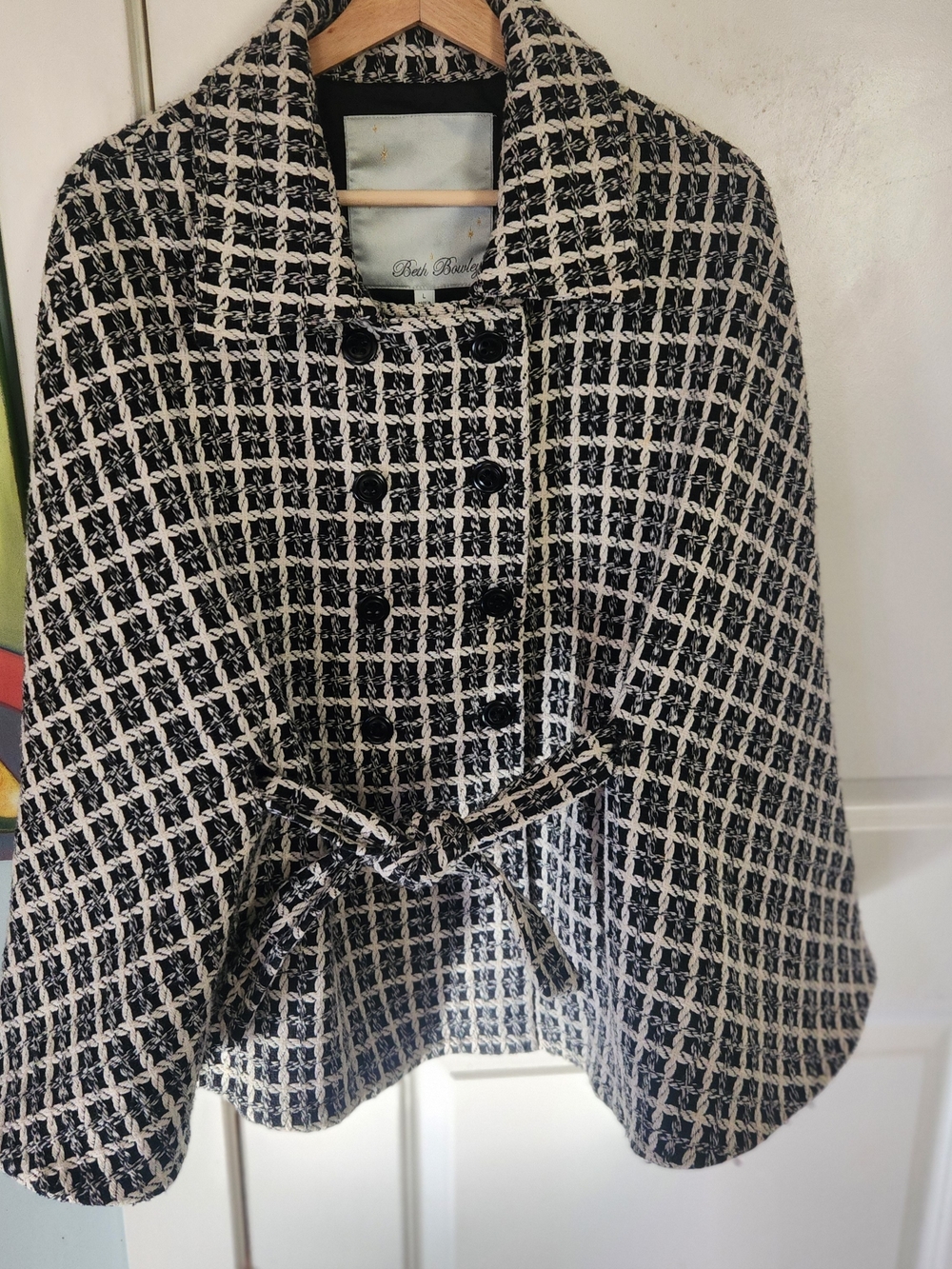 Beth Bowley Black and White Tweed Cape-Style Sweater